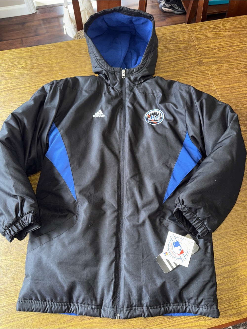 Old School Adidas Black and Royal Blue METS Kids' Hooded Puffer Jacket - NWT!